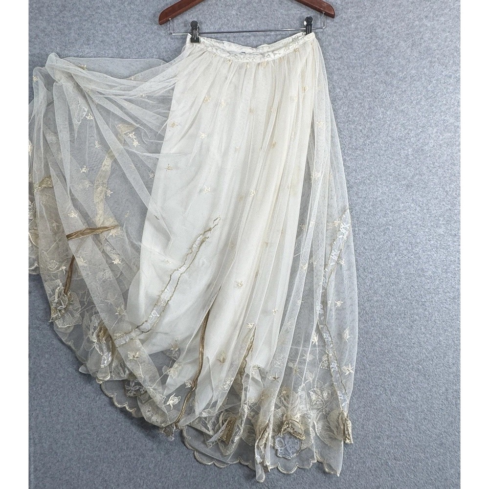 Whimsical Fairycore Ethereal Tulle Maxi Skirt XS Cream Gold Embroidered Bridal - Picture 16 of 16